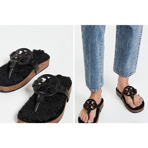 NIB Tory Burch Miller Cloud Shearling Medallion Thong Sandals - Picture 1 of 9
